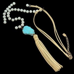 Pearl Beaded Turquoise and Leather Necklace